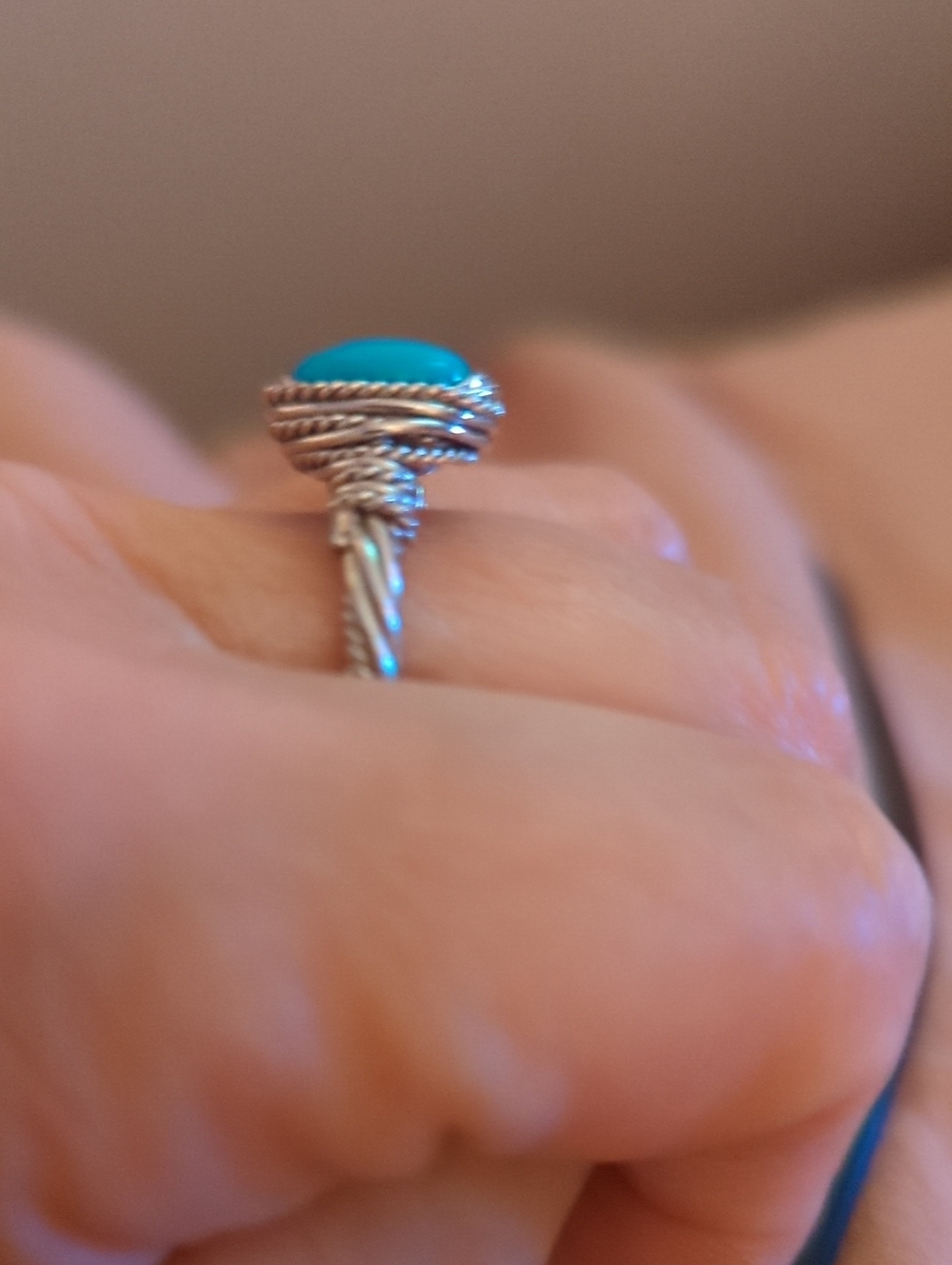 Turquoise Stone Silver Rope-Accent Ring - Picture 2 of 7